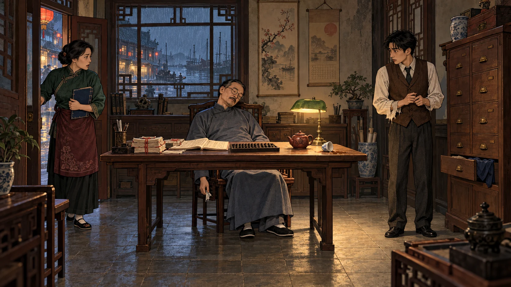 1934年饭店账房。左边女掌柜持账本,中间长衫男子倒在桌边,右边马甲男子站在木柜旁。